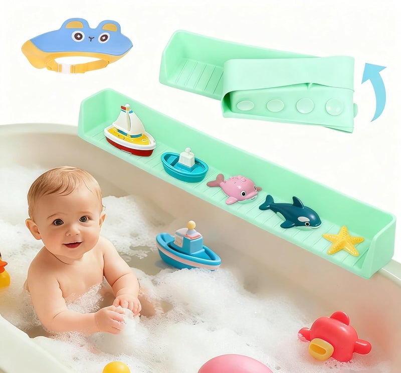 Sgmforge Bathtub Splash Guard for Kids, Long Flexible Silicone Shower Splash Guard with Suction Cups, 2-in-1 Tub Ledge Organizer for Bath Toys & Supplies, Prevents Water Spills, Keeps Floor Dry (Green) - Image 1